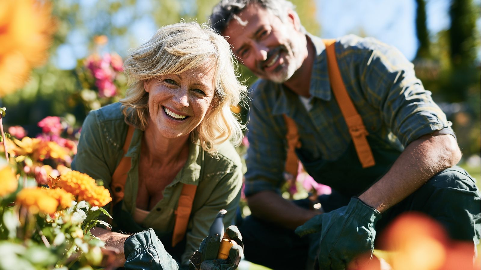 A smiling couple in their fifties gardening together in the sunshine
